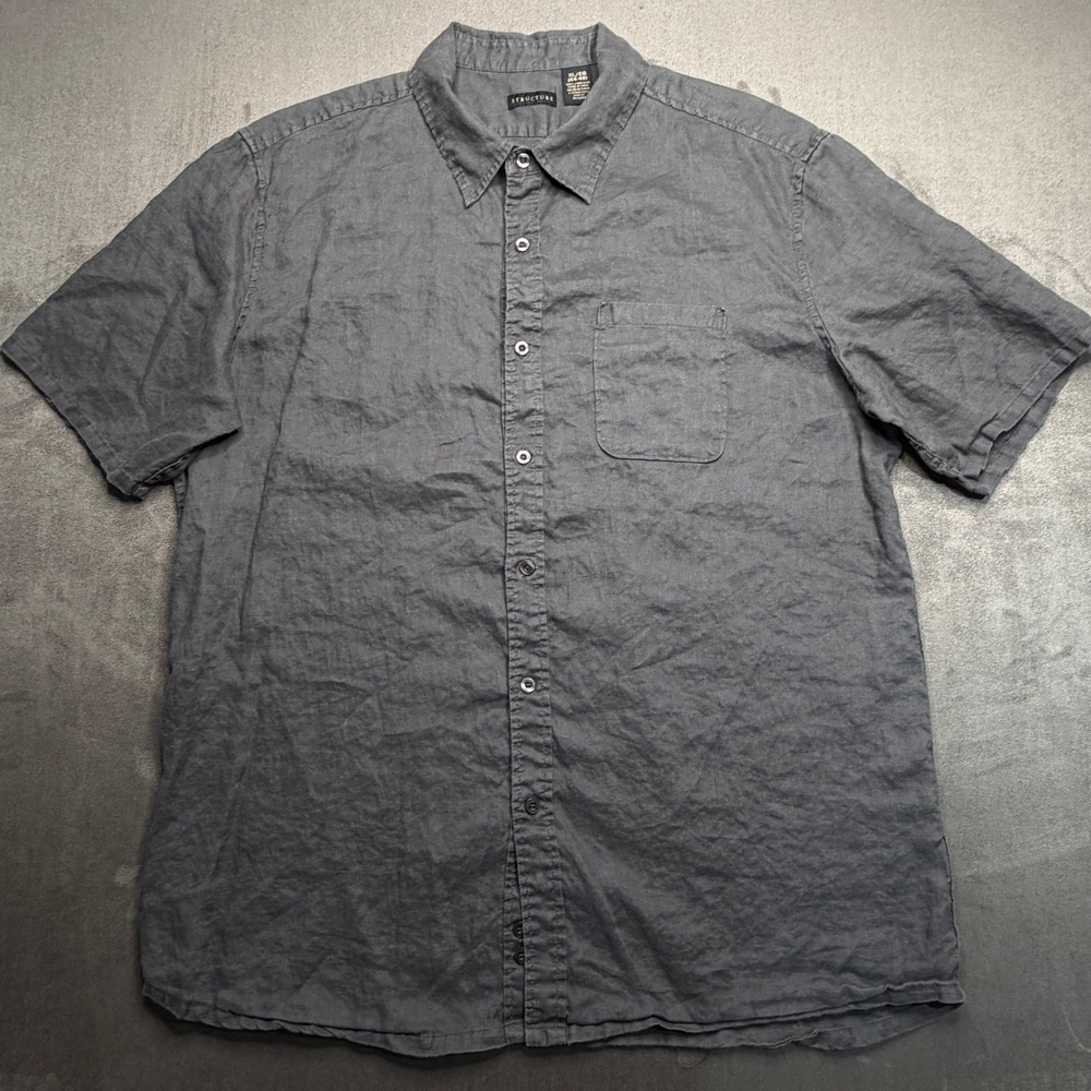 Structure Button Down Shirt Mens XL Charcoal Gray 100% Linen Short Sleeve Casual